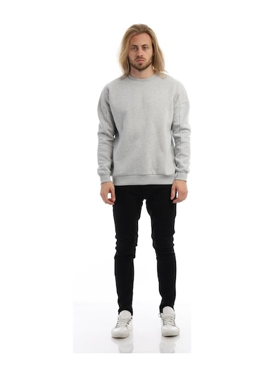 Erkek Bisiklet Yaka Karyoka Dikişli Sweatshirt Gri