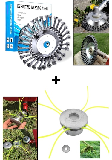 Tüm Benzinli Tırpanlara Uyumlu Örümcek Mantar Misina Başlık Ve Telli Fırça 2 Li Çim Kesici Set