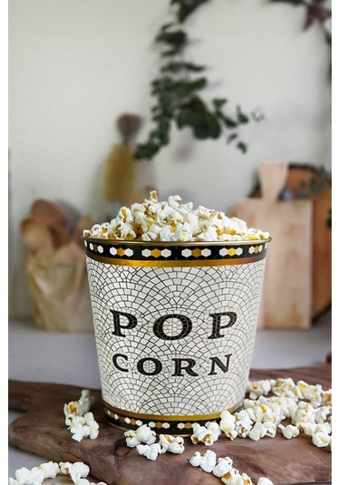 Metal Popcorn Kutusu - Patlamış Mısır Kovası 13.5 Cm, Mosaic Er149-1o Desenli