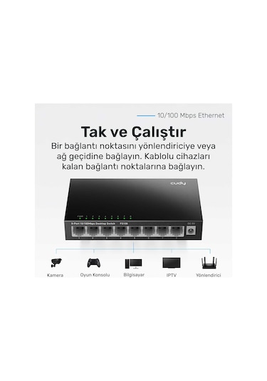 Cudy Fs108 8port 10/100mbps Duvar Montajlı Metal Masaüstü Switch