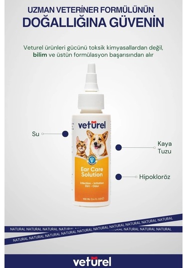 Veturel Köpek Kulak Temizleme Solüsyon Kir Enfeksiyon Kaşıntı Koku Kulak Uyuzu 100 ML + Disk Pamuk 50'li