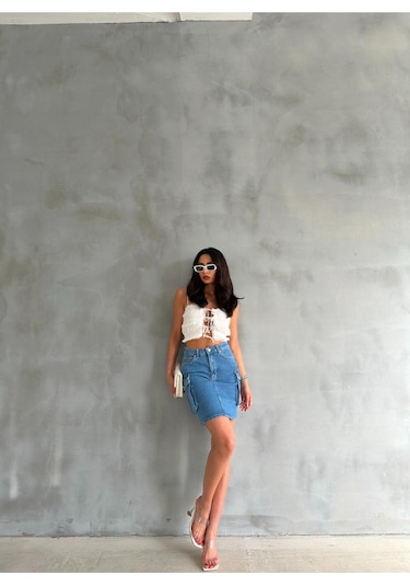 Zeo Basic Kargo Cep Detaylı Mini Denim Etek Mavi