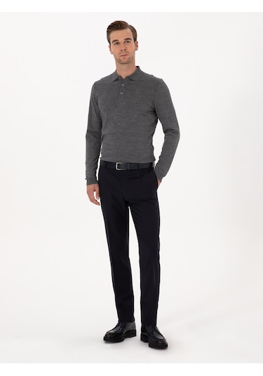 Cacharel Füme Slim Fit Yün Karışımlı Polo Yaka Basic Triko Kazak Gri