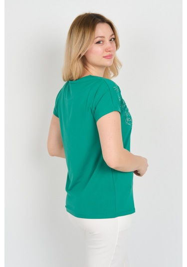 Ella Camelia Kadın Taşlı Ve Desenli Düşük Kol Bluz 24e044 Yeşil Yeşil