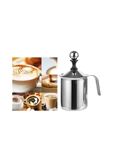 Soulader Çift Katlı Ağ Yapılı Paslanmaz Çelik Manuel Süt Köpürtücü Kremalı Köpük Yapma Aleti 400 Ml Cappuccino Ve Latte Makinesi Gümüş