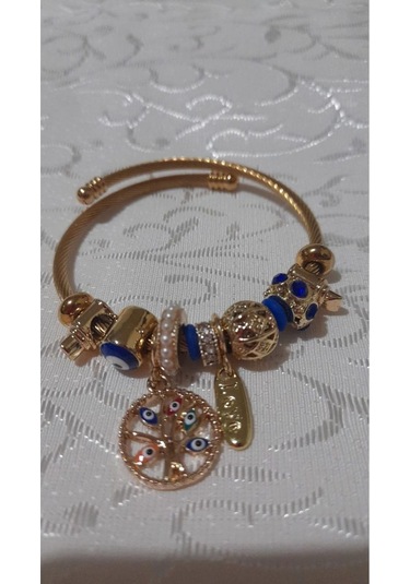 Uzel Çelik Sarı Gold Model Love Yazılı, Incili, Hayat Ağacı Charmlı Çelik Bileklik