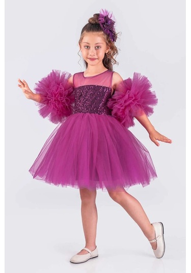 Kız Çocuk Abiye Elbise Ponpon Kol Pul Payetli Tütülü Fuşya
