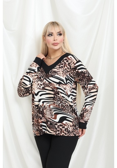 Bambu Viskon V Yaka Uzun Kollu Bluz Rahat Kalıp, Büyük Beden Xl 6xl Zebra