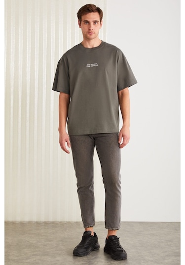 Grimelange Vıto Erkek %100 Organik Pamuklu Nakış Yazı Detaylı Oversize Bol Kesim Kısa Kollu Gri T-shirt