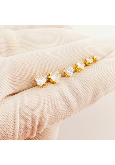 Tektaş Küpe Kalp Model Tektaş Üçlü Set Küpe Kararmaz Çelik Gold