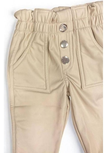 Kız Çocuk Deri Şardonlu Tayt Pantolon-15044 Krem