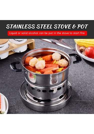Pazly Taşınabilir Paslanmaz Çelik Alkol Ocaklı Açık Hava Barbekü Kamp Piknik Yemek Pişirme Tencere Gümüş Gümüş