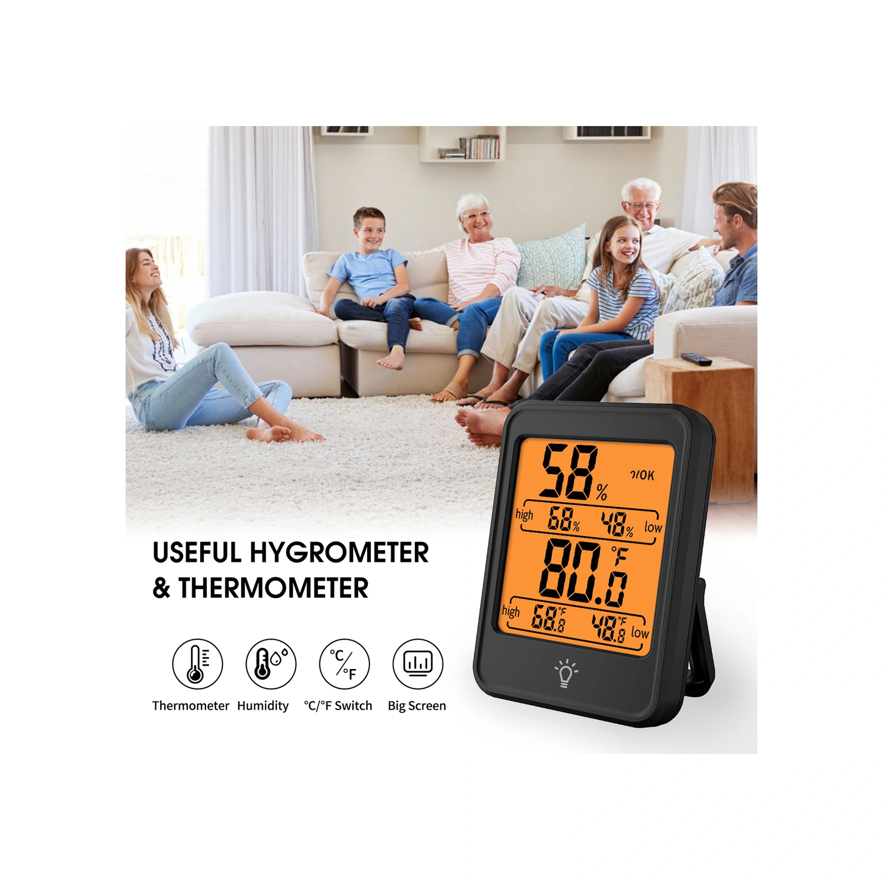 Kangvka Ev İçi Siyah Elektronik Dijital Sicaklık Ve Nem Ölçer, Arka Işık Özelliği, Konfor Gösterimi, Kolay Okunur Ekran, 3 Kurulum Seçeneği