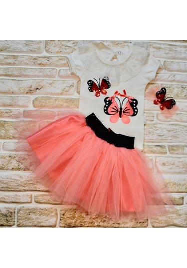9-12-18 Ay Payetli Kelebek Nakışlı Taçlı Kısa Kollu Tütü Etek 3lü Kız Bebek Takımı Nar Çiçeği Narçiçeği