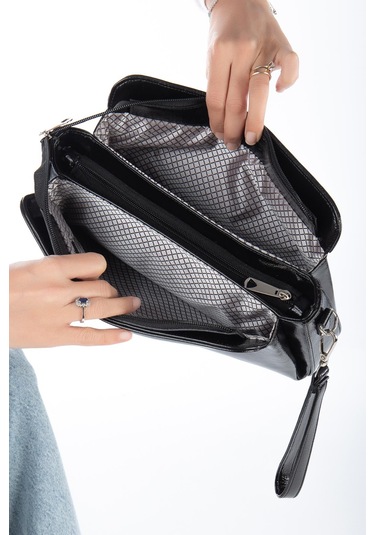 Kadın Portföy Cüzdan Çanta Siyah Rugan 3 Bölmeli Uzun Kısa Askılı-3225 Siyah