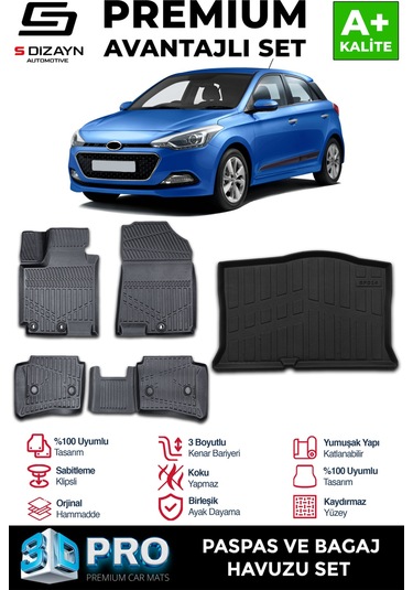 S-dizayn Hyundai İ20 3d Pro Havuzlu Paspas Ve Bagaj Havuzu Seti 2'li Set 2014-2020 A+ Kalite