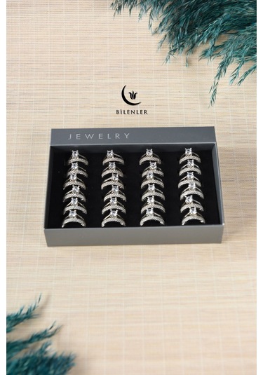 Kadın Taşlı Çift Yüzük Görünümlü Metal Yüzük Uzun Ömürlü,şık Tasarım 24 Lü Kutu Çok Renkli