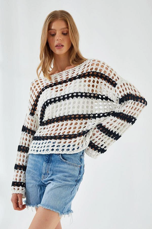 6877 Kadın Çizgili Ajurlu Kayık Yaka Triko Kazak Ekru Ekru