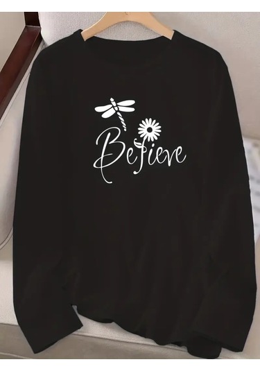 Ahes Shopping Kadın Uzun Kollu Bisiklet Yaka Çiçek Desenli Viskon Bluz Siyah