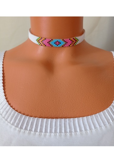 Kum Boncuk Dokuma Choker Kolye Gümüş