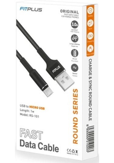 Fitplus Round Rs-101 Micro Usb Data/Şarj Kablosu 3A 1M Örgü Siyah