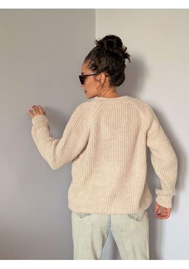 Ali Butik Krem Gül Motif Detaylı Triko Hırka Krem