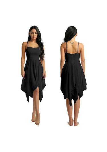 Siyah Bayan Bale Balo Salonu Dans Elbise Spagetti Kayışı Kolsuz Asimetrik Çağdaş Giyim Siyah