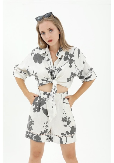 Önden Bağlamalı Dantelli Keten Takım - Siyah-siyah Siyah