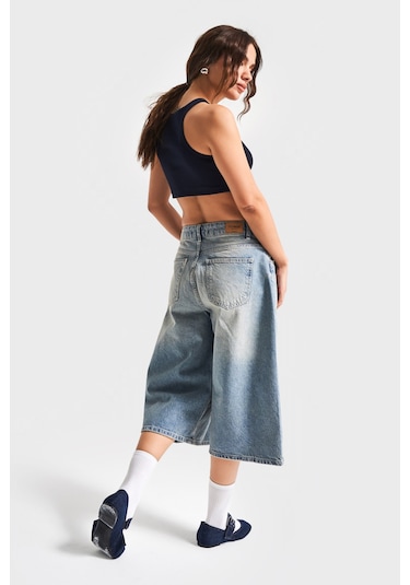 Itsbasic Kadın T.kot Rengi 2s5-84 Süper Baggy Fit Maxi Boy %100 Koton Denim Şort Tint Kot Rengi