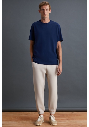 GRIMELANGE Solo Erkek %100 Organik Pamuklu Kalın Dokulu Comfort Fit Bisiklet Yakalı Lacivert T-shirt Lacivert