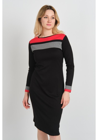 Sistas Kadın Kazayağı Desenli Bisiklet Yaka Uzun Kol Elbise 22974 Siyah Siyah