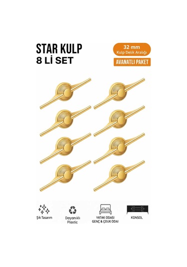 Lüks Star Kulp Altın 32mm 8 Adet Mobilya,yatak Odası, Tv Ünitesi,çocuk Ve Genç Odası, Dolap Kulpu Altın