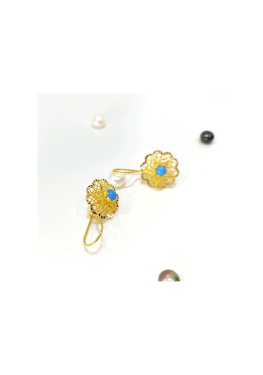 Altın Ürünler 17.5 MM Sallanan Turkuaz Gül Küpe 14 Ayar