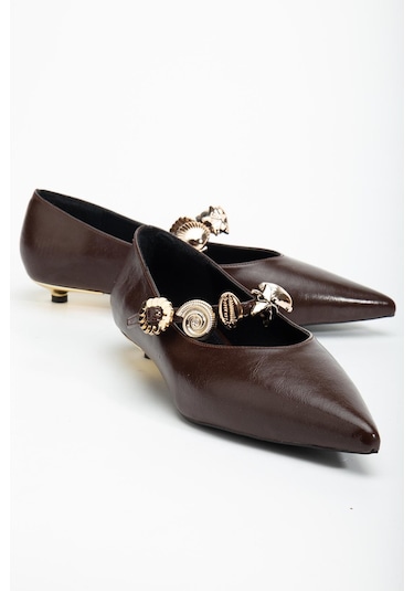 Kadın Kısa Topuklu Aykkabı Kahverengi Rugan Baretli Minik Ökçe-4323 Kahve