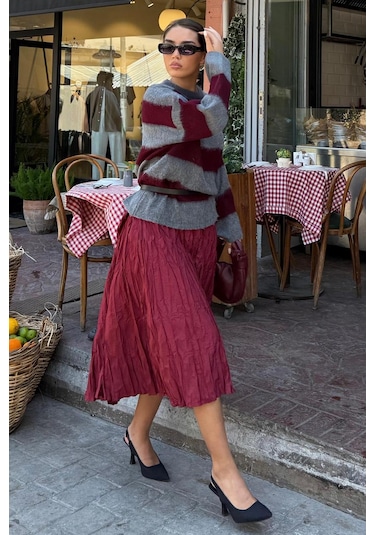 Madmext Bordo Bisiklet Yaka Çizgili Triko Kadın Kazak Mg2472 Bordo