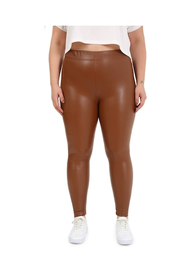 Disentis Büyük Beden Beli Lastikli Bilek Hizasında Deri Tayt Kahverengi