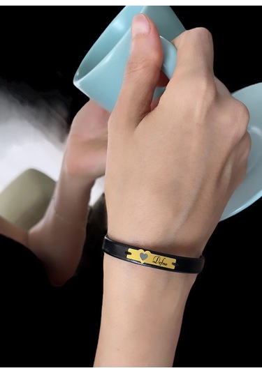 Archin Defne İsmine Özel Kalp Figürlü 14 Ayar Altın Plakalı Hakiki Siyah Derili Hediye Bileklik-568isim Defne