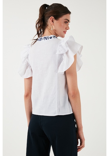 Lela Pamuklu Regular Fit Nakış Işlemeli Bayan Bluz 611Bz0253 Beyaz-Indigo
