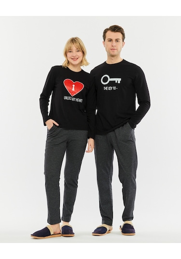 Bella Dossi Çiftlere Özel Kombin Kalbimin Anahtarı Pijama Takımı Siyah