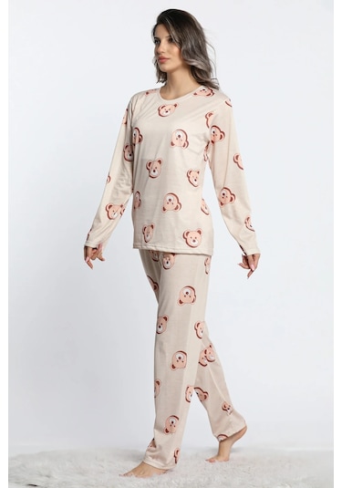 Kadın Bisiklet Yaka Uzun Kol Ayıcıklı Pijama Takımı Bej Lukitus Bej