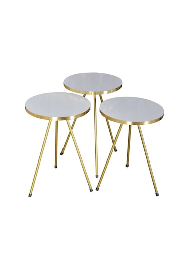 Zigon Sehpa 3'lü Altın Metal Ayak Gold Beyaz