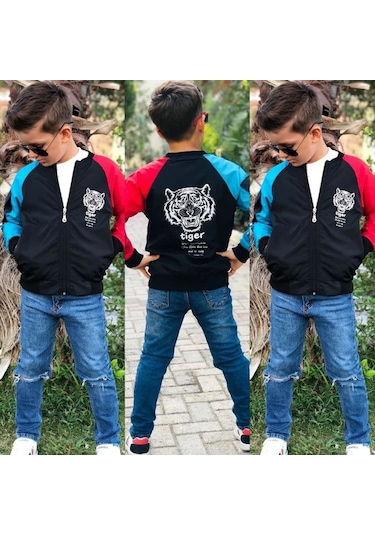 Modavals Kaplan Baskılı İçi File Su Geçirmez Erkek Çocuk Yağmurluk - Siyah