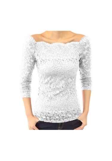 Kadın Üstler Eğik Yaka Uzun Kollu Dantel Gömlek Oyuk Dantel Eklemeli Düz Renk Dar Kesim Nakış Dantel Çiçekli Üstler Beyaz