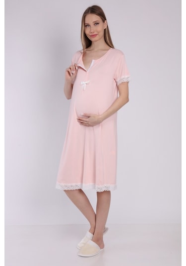 Luvmabelly Myra9592 Önden Çıt Çıtlı Dantelli Hamile Geceliği -pembe-pembe