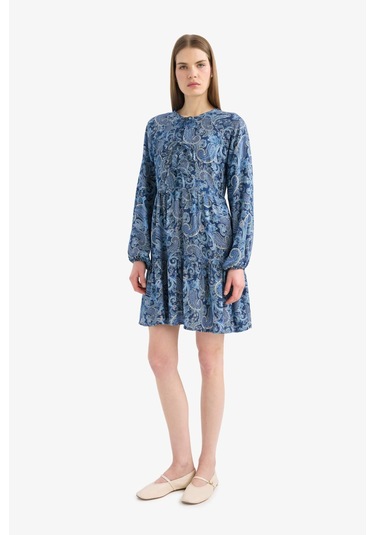 DeFacto Bisiklet Yaka Desenli Uzun Kollu Mini Elbise E6612AX25SPNV42