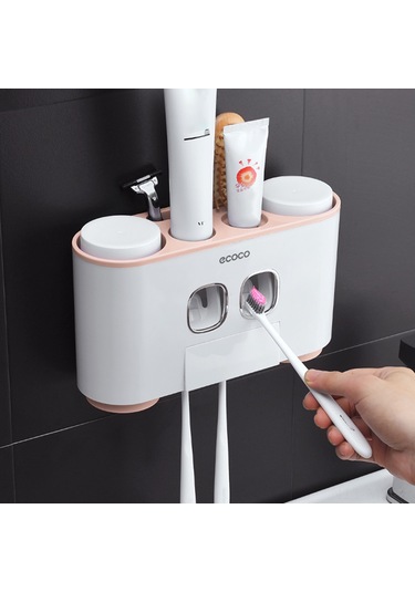 Mufunye Duvar Tipi Diş Fırçası Askısı - 5 Yuvalı, 4 Bardaklı, 2 Diş Macunlu, Yapışkanlı Pratik Organizer Beyaz