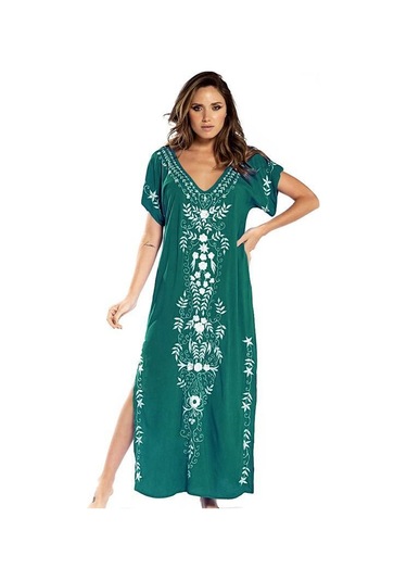 Yeşil Edolynsa Nakış Plaj Cover Up Saida De Praia Mayo Kadın Bikini Cover Up Tunikler Plaj Pareo Sarong Beachwear Q790 Yeşil