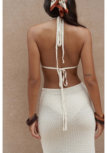 Mai Collection Mai Studios Co. Pangestu Üçgen Bej Crop Etek Triko Takım Bej