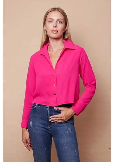Kadın Likrasız Şık Kumaş Yakalı Uzun Kol Kısa Gömlek-Fujya Fujya