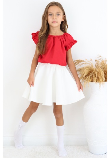 Kız Çocuk Kırmızı Bluz Krem Etek 23 Nisan 29 Ekim Gösteri Takımı Kırmızı-ekru